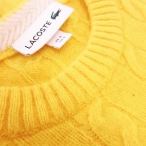LACOSTE ニット セーター クルーネック 丸首 長袖 羊毛 ウール ケーブル編み ワニロゴ ライン S 黄 イエロー