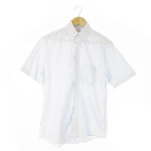 ワイシャツ Yシャツ ボタンダウン 半袖 コットン チェック 総柄 15 青 ブルー /AO9 GY99