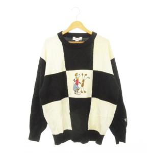 SPORTS ニット セーター ラウンドネック 長袖 ウール 刺繍 キャラクター グーフィー チェック