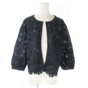 ノーカラージャケット トッパー 七分袖 切替 レース チュール 透け感 大きいサイズ 13AB 紺 ネイビー