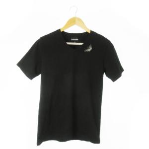半袖Tシャツ Vネック ストレッチ ラインストーン ロゴ L 黒 ブラック /AO11 GY99