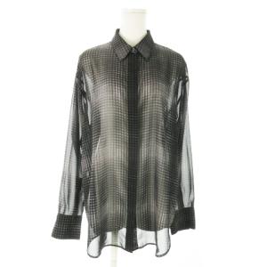シースルーシャツ 長袖 比翼 チェック 総柄 ワンポイント ロゴ刺繍 S グレー /AO17 GY99