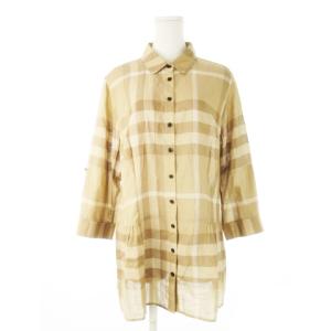 チュニック シャツ 七分袖 麻 リネン混 チェック ペプラム 大きいサイズ 48 3L 茶 ブラウン /CK18