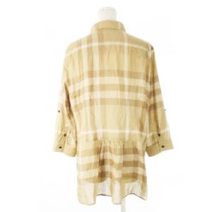 BURBERRY LONDON チュニック シャツ 七分袖 麻 リネン混 チェック ペプラム 大きいサイズ 48 3L 茶 ブラウン /CK18
