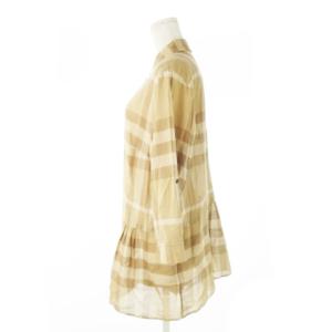 BURBERRY LONDON チュニック シャツ 七分袖 麻 リネン混 チェック ペプラム 大きいサイズ 48 3L 茶 ブラウン /CK18