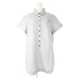 チュニック シャツ 半袖 フロントハーフボタン 麻 リネン混 ストライプ ヒッコリー ロゴ刺繍 大きいサイズ