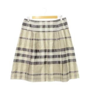 フレアスカート ひざ丈 シルク混 絹 チェック 総柄 大きいサイズ 46 XL グレー ベージュ /AH20