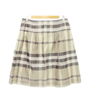 BURBERRY LONDON フレアスカート ひざ丈 シルク混 絹 チェック 総柄 大きいサイズ 46 XL グレー ベージュ /AH20