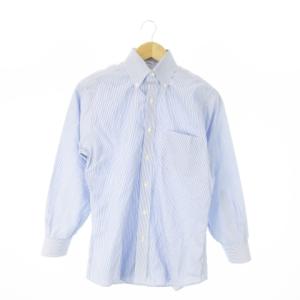 ワイシャツ Yシャツ ボタンダウン 長袖 コットン ストライプ 総柄 14.5-31 青 ブルー /AO10