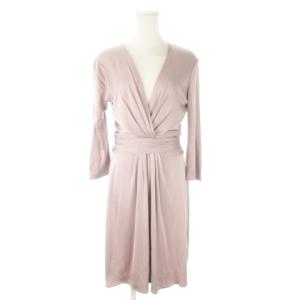 シルクワンピース ひざ丈 深Vネック 長袖 絹 ストレッチ ギャザー とろみ 光沢 6 M ピンク /AO15