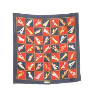 シルクスカーフ ハンカチーフ スクエア 絹 シューズ柄 靴柄 紺 ネイビー 赤 レッド /AH1 GY99