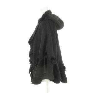 TO BE CHIC ポンチョケープコート フーディー レッキスラビットファー フリル ポンポン ウール カシミヤ混 黒 ブラック