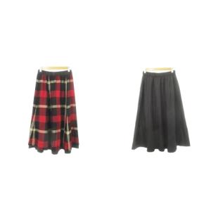 リバーシブルスカート ロング フレア ウエストゴム チェック 総柄 無地 36 S 赤 レッド 黒 ブラック