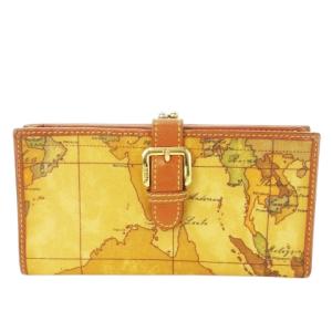 長財布 ロングウォレット 小銭入れあり がま口 PVC レザー 革 世界地図柄 ロゴ型押し 茶 ブラウン
