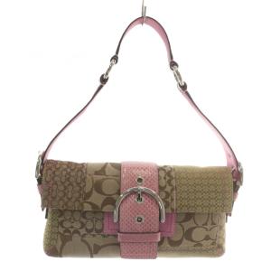 ハンドバッグ ワンショルダー キャンバス レザー シグネチャー パッチワーク 総柄 ロゴ 茶色 ブラウン