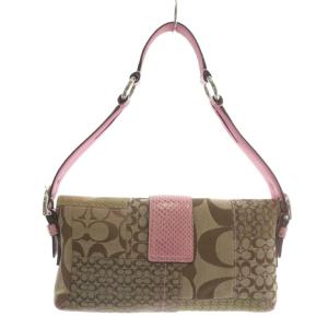 COACH ハンドバッグ ワンショルダー キャンバス レザー シグネチャー パッチワーク 総柄 ロゴ 茶色 ブラウン
