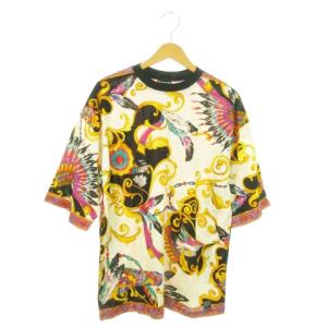 カットソー Tシャツ クルーネック 五分袖 コットン プリント オリエンタル フェザー チマヨ柄 総柄