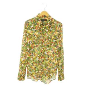 ウエスタンシャツ 長袖 コットン モザイク 花柄 総柄 薄手 V L 緑 グリーン /AO1