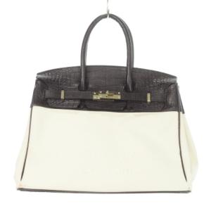 ハンドバッグ レザー クロコ型押し キャンバス ベルト ロゴ バイカラー 白 ホワイト 黒 ブラック /MN5