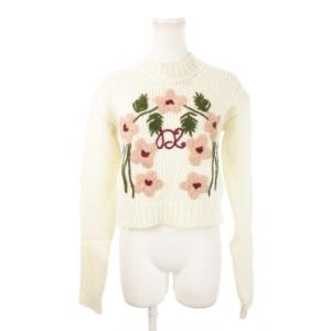 23AW ニット セーター クルーネック 長袖 ショート丈 アルパカ 花柄 刺繍 S 白 ホワイト /MN9