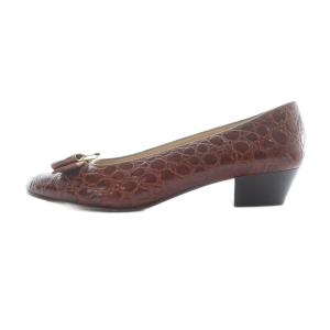 Salvatore Ferragamo パンプス リボンレザー ヴァラ チャンキーヒール ロゴ 7 24cm 茶 ブラウン GY44 /MQ