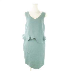 ワンピース ひざ丈 Vネック ノースリーブ フリル ペプラム 44 L 緑 グリーン /AO13 GY99