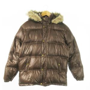 ダウンジャケット ジップアップ フーディ ファー ロゴ刺繍 スポーツ O LL 茶 ブラウン /AO7