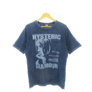 半袖Tシャツ ラウンドネック ガールプリント ロゴ ポケット インディゴ染め S 青 ブルー /AH7