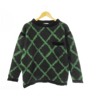 ニット セーター ラウンドネック 長袖 切替 ベルベット チェック 38 M 黒 ブラック 緑 グリーン
