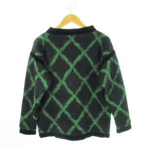 LANVIN ニット セーター ラウンドネック 長袖 切替 ベルベット チェック 38 M 黒 ブラック 緑 グリーン