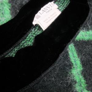 LANVIN ニット セーター ラウンドネック 長袖 切替 ベルベット チェック 38 M 黒 ブラック 緑 グリーン
