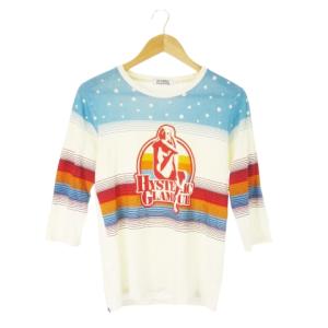 Tシャツ ラウンドネック 七分袖 星 スター ガールプリント ボーダー レインボー S 白 アイボリー