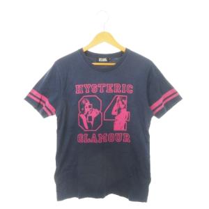 半袖Tシャツ ラウンドネック ガールプリント ロゴ ライン S 紺 ネイビー ピンク /AH12 GY35