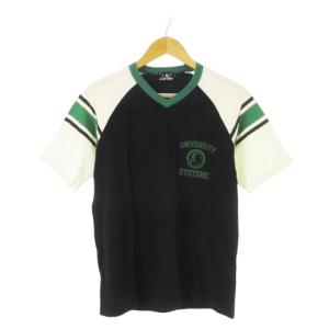 Tシャツ Vネック 半袖 ラグラン 切替 配色 ライン ロゴ プリント M 緑 グリーン /CK12 GY35