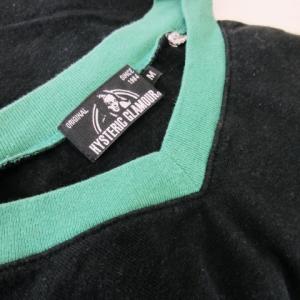 HYSTERIC GLAMOUR Tシャツ Vネック 半袖 ラグラン 切替 配色 ライン ロゴ プリント M 緑 グリーン /CK12 GY35
