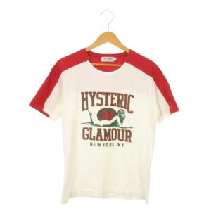 Tシャツ カットソー ラウンドネック 半袖 切替 ガールプリント S 赤 レッド ベージュ /MN22
