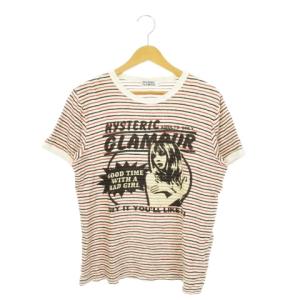 Tシャツ カットソー パイル ラウンドネック 半袖 ガールプリント ロゴ ボーダー S 赤 レッド /MN1