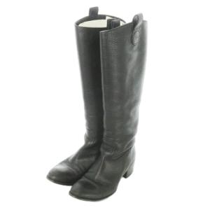 ロングブーツ ミドルヒール アーモンドトゥ グレインレザー 革 36.5 23.5cm 黒 ブラック /AO3