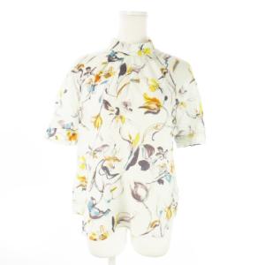 ブラウス スタンドカラー 半袖 シルク混 絹 花柄 総柄 シアー 36 S 緑 グリーン /AO25 GY99