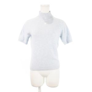 ニット セーター ハイネック 半袖 ロゴ ワンポイント アンゴラ混 ミックスカラー 9R 水色 ブルー