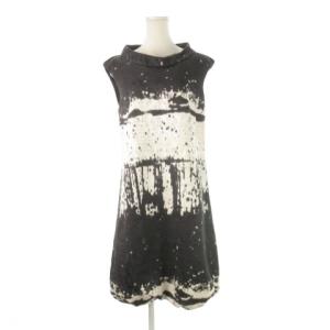 ワンピース ひざ丈 ノースリーブ 42 黒 ブラック 白 ホワイト モノトーン バルーン タイダイ柄 /CK39
