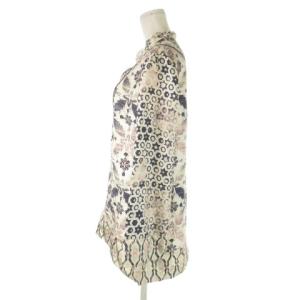 TORY BURCH ブラウス チュニック 絹 シルク 8 L 白 ホワイト アイボリー 紺 ネイビー キーネック 花柄 幾何学模様