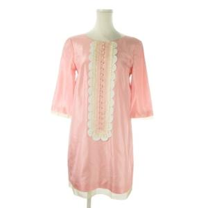 シルクワンピース ミニ 七分袖 サテン 絹 T34 ピンク レース ボタンデザイン /AO16 GY99