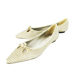 フラットシューズ バレエシューズ レザー 本革 37 24.0cm 白 ホワイト ベージュ ラインストーン
