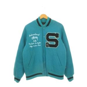 スタジャン ブルゾン ジャケット ワッペン 刺繍 裏キルティング S 青緑 グリーン /AH19 GY01