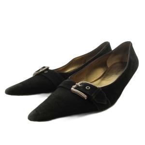 パンプス スエードレザー 37.5 黒 ブラック ポインテッドトゥ ベルト /FF
