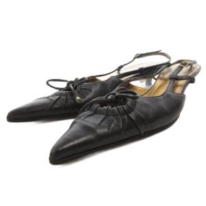 パンプス ミュール レザー 37.5 黒 ブラック ポインテッドトゥ ギャザーデザイン リボン ピンヒール