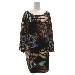 ワンピース 40 黒 ブラック バタフライ柄 ラウンドネック 長袖 /FF