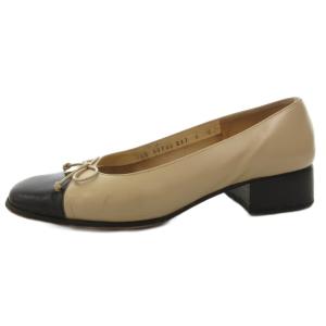 Salvatore Ferragamo パンプス 6 D ベージュ 黒 ブラック バイカラー リボン装飾 ブロックヒール /FF
