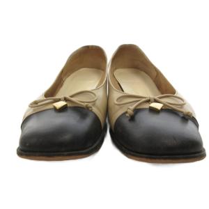 Salvatore Ferragamo パンプス 6 D ベージュ 黒 ブラック バイカラー リボン装飾 ブロックヒール /FF
